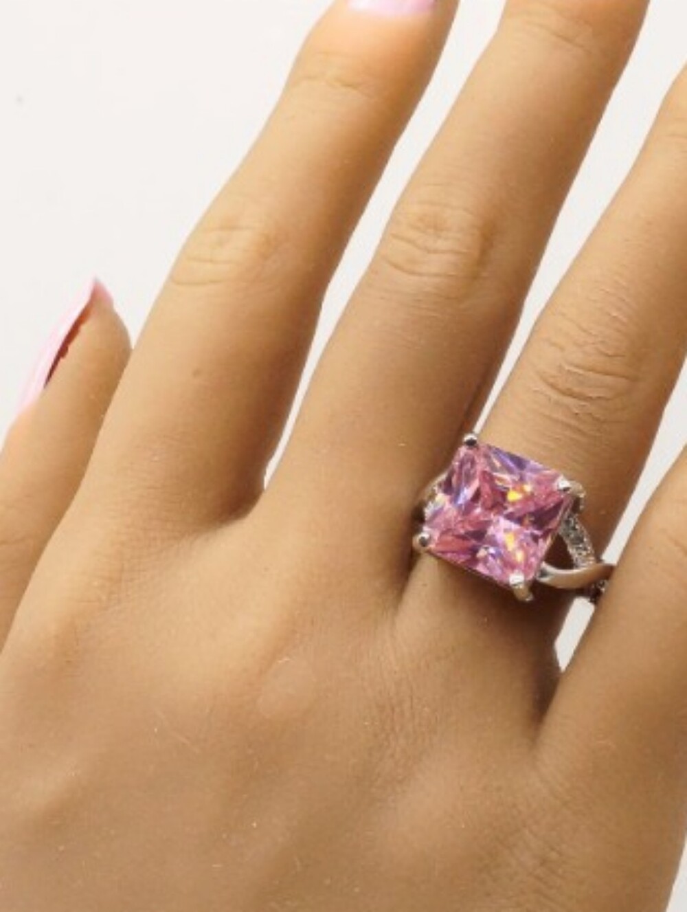 Sterling Silver 925 Ring Large Pink Cushion-Cut Square Center Stone Size 6.75